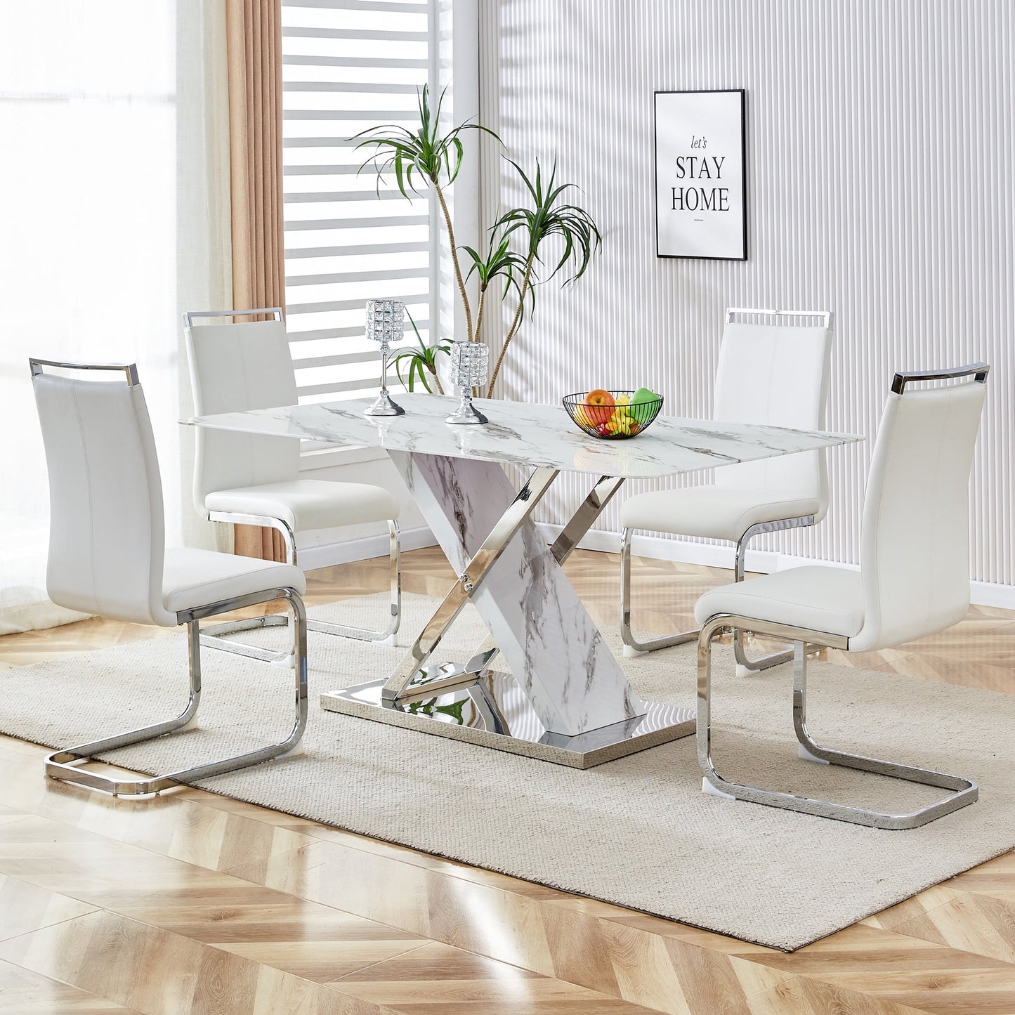 Sudica Dining Set, 63" Marble Dining Table Set with 4 Faux Leather Dining Chairs for Dining Room,White