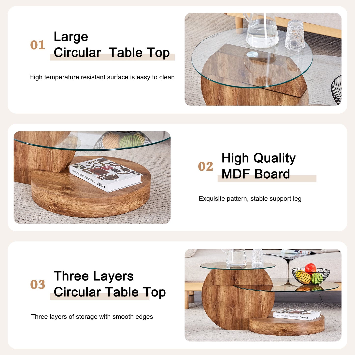 Sudica Modern Coffee Table with Double-layer Round Glass Tabletop，27 inch Tea Table with Dark Wood Grain Base,Center Table for Living Room