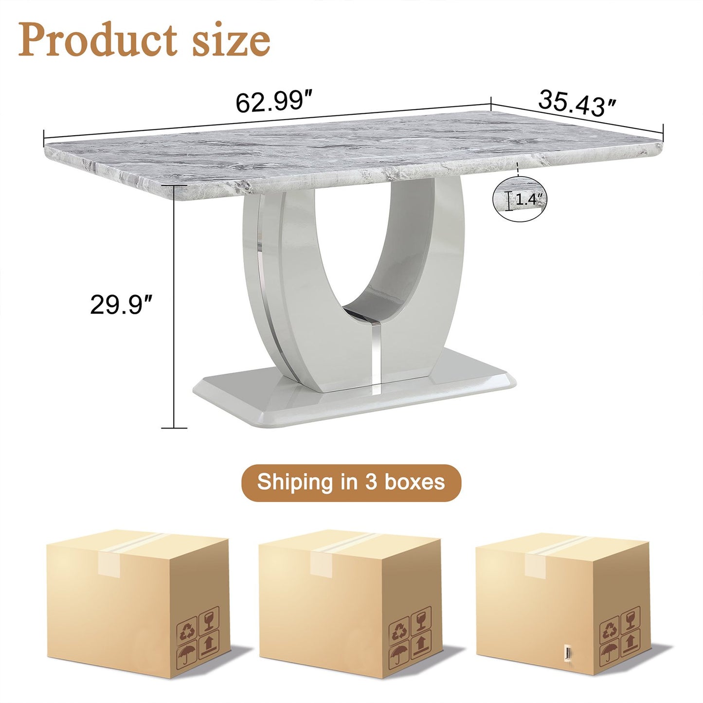 63 inch Faux Marble Dining Table for 6 ，Sudica Faux Marble Dining Room MDF Table with U-Shaped Bracket Support, Gray