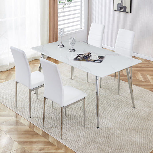 Sudica Compact Dining Table and Chair Set for 4, 63" Faux Marble Kitchen Table and PU Leather Chairs for Dining Room, White