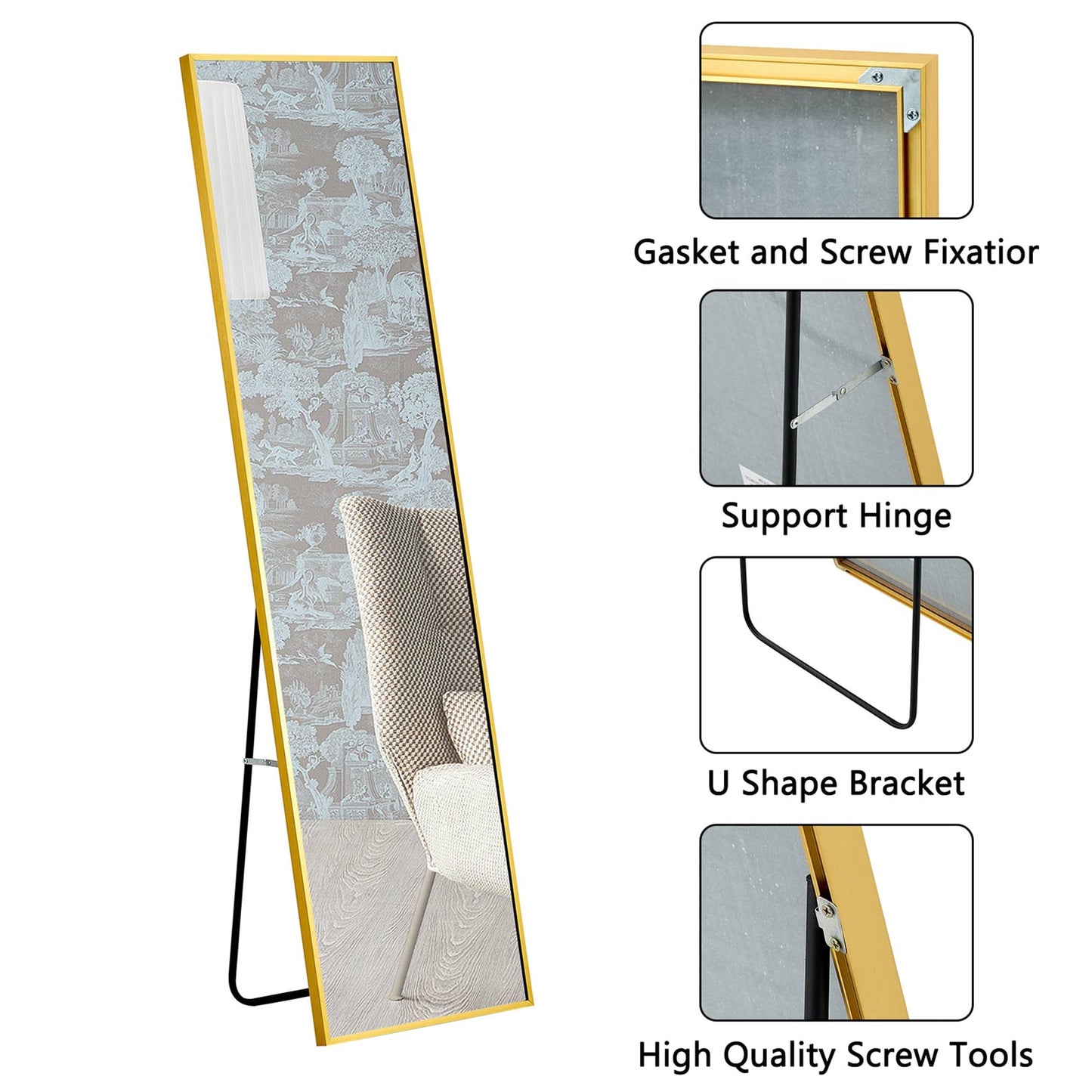 Sudica Standing Floor Mirror 63"x20" Full-Length Rectangular Bedroom Body Mirror with Metal Gold Frame