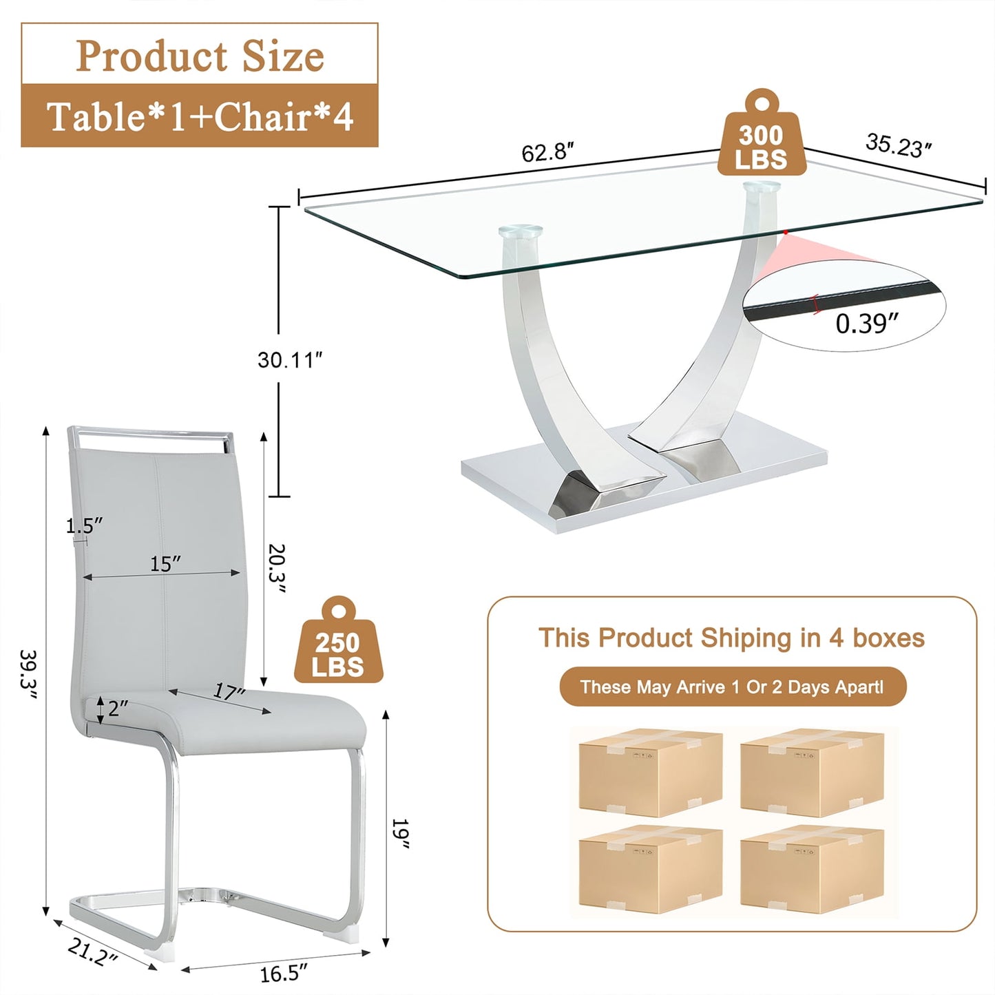 Glass Dining Room Table Set for 4, Sudica 63"Modern Kitchen Glass Dinner Table Set with 4 Upholstered Dining Chairs, Light Gray