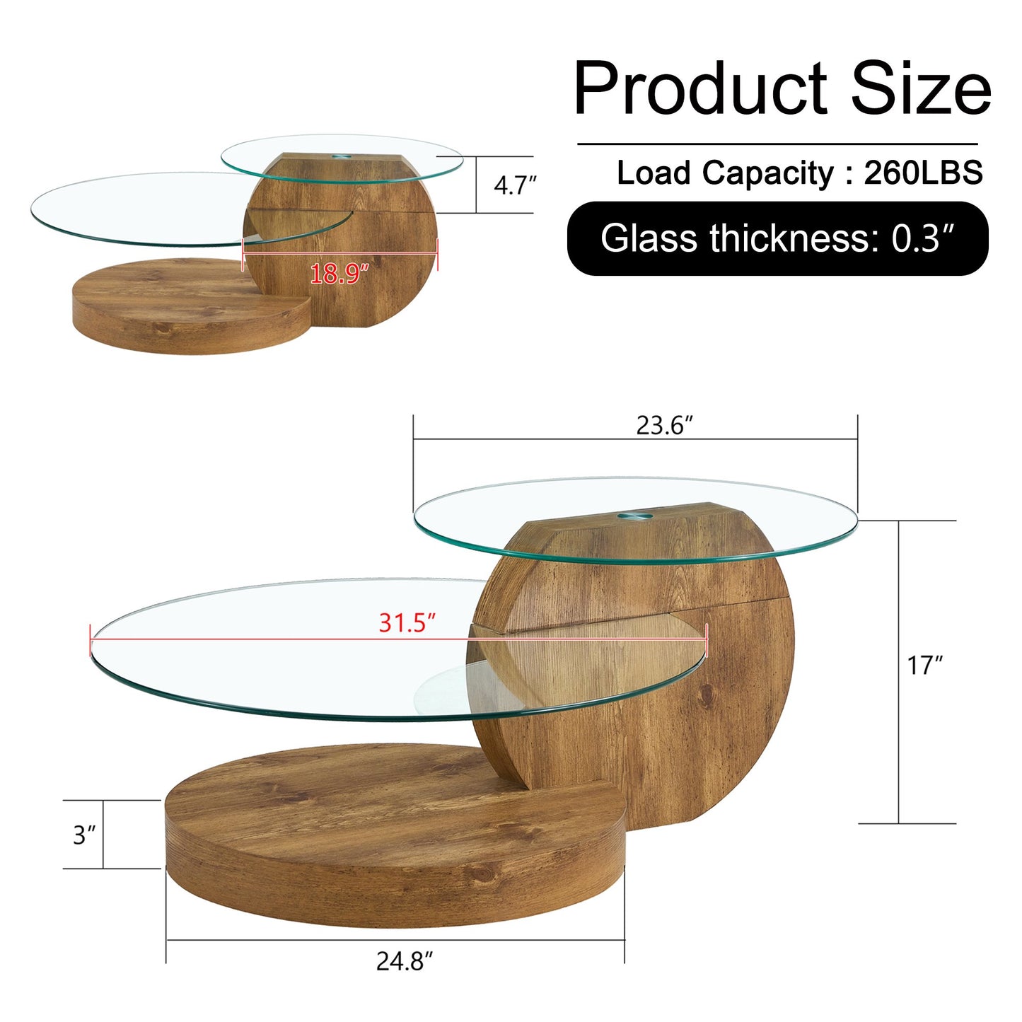 Sudica Modern Coffee Table with Double-layer Round Glass Tabletop，31 inch Tea Table with Dark Wood Grain Base,Center Table for Living Room