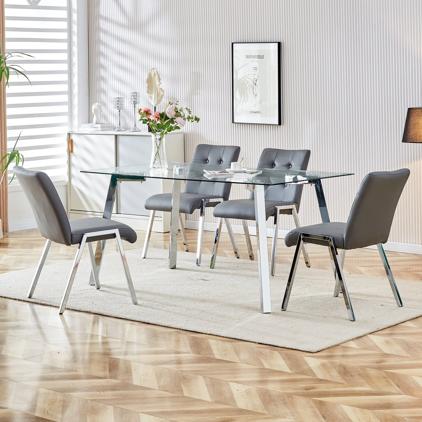 Sudica Dining Set for 4, Glass Rectangular Kitchen Table Set with Upholstered Faux Leather Dining Room Chairs,Gray