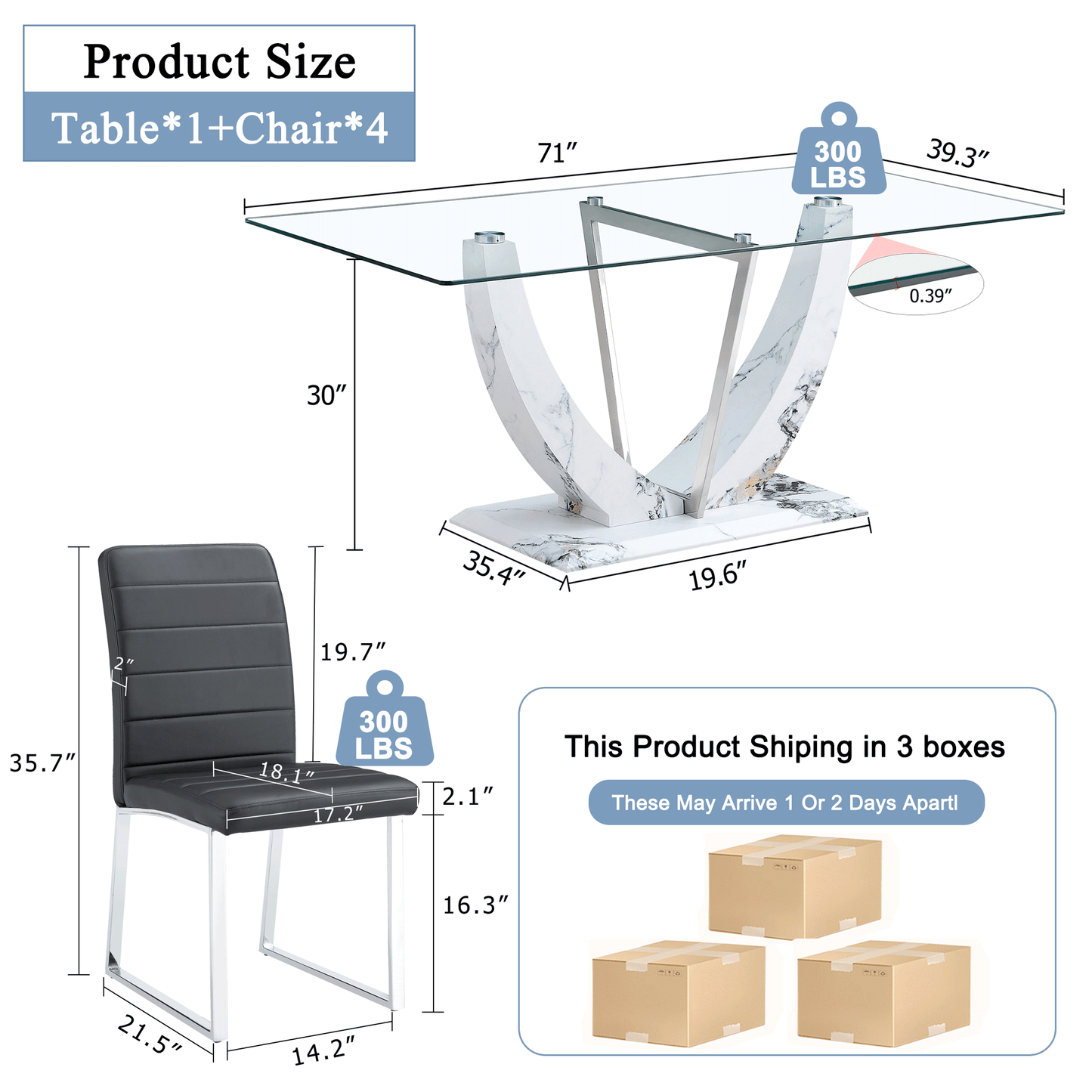 Sudica 5 Pieces Dining Set, 71 inch Large Glass Dining Table with Marble U Shape Base, Black PU Leather Kitchen Chairs