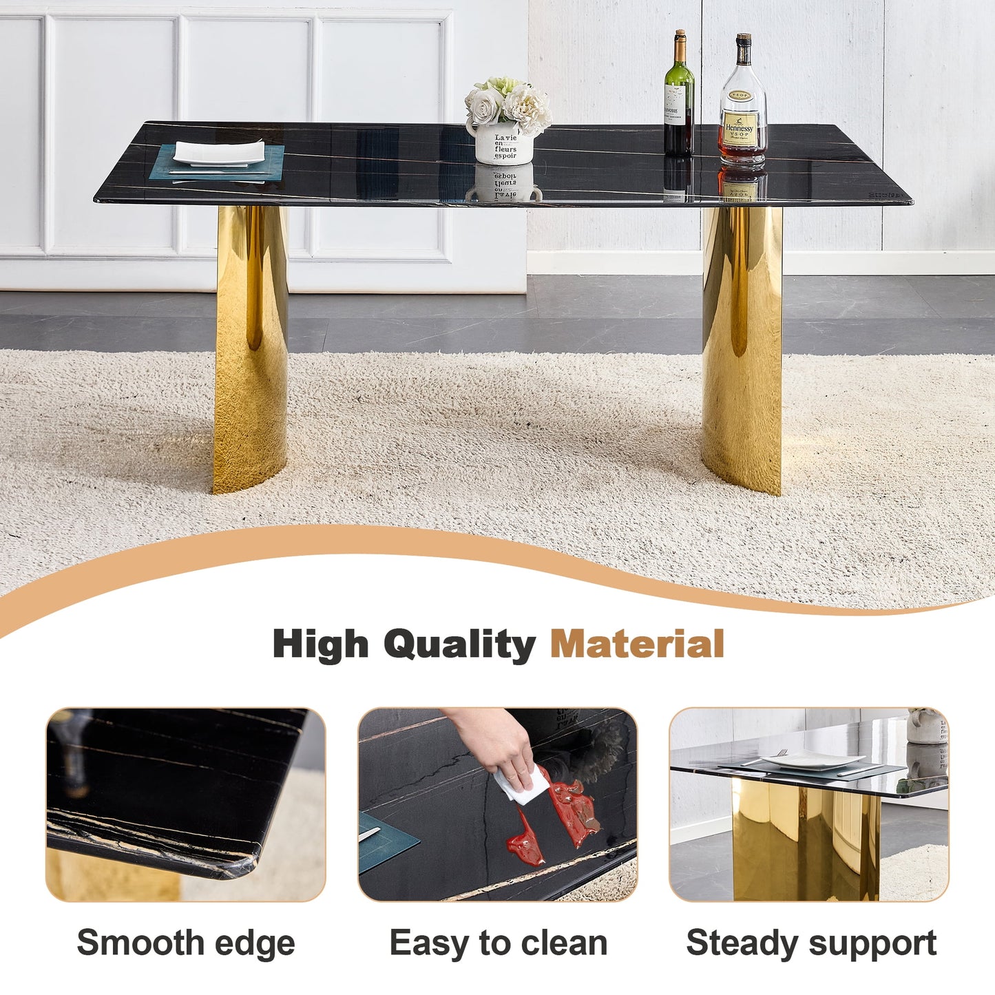 Sudica Marble Dining Table,71" MDF Kitchen Table with Chrome Plate Metal Base for 6-8 People,Black