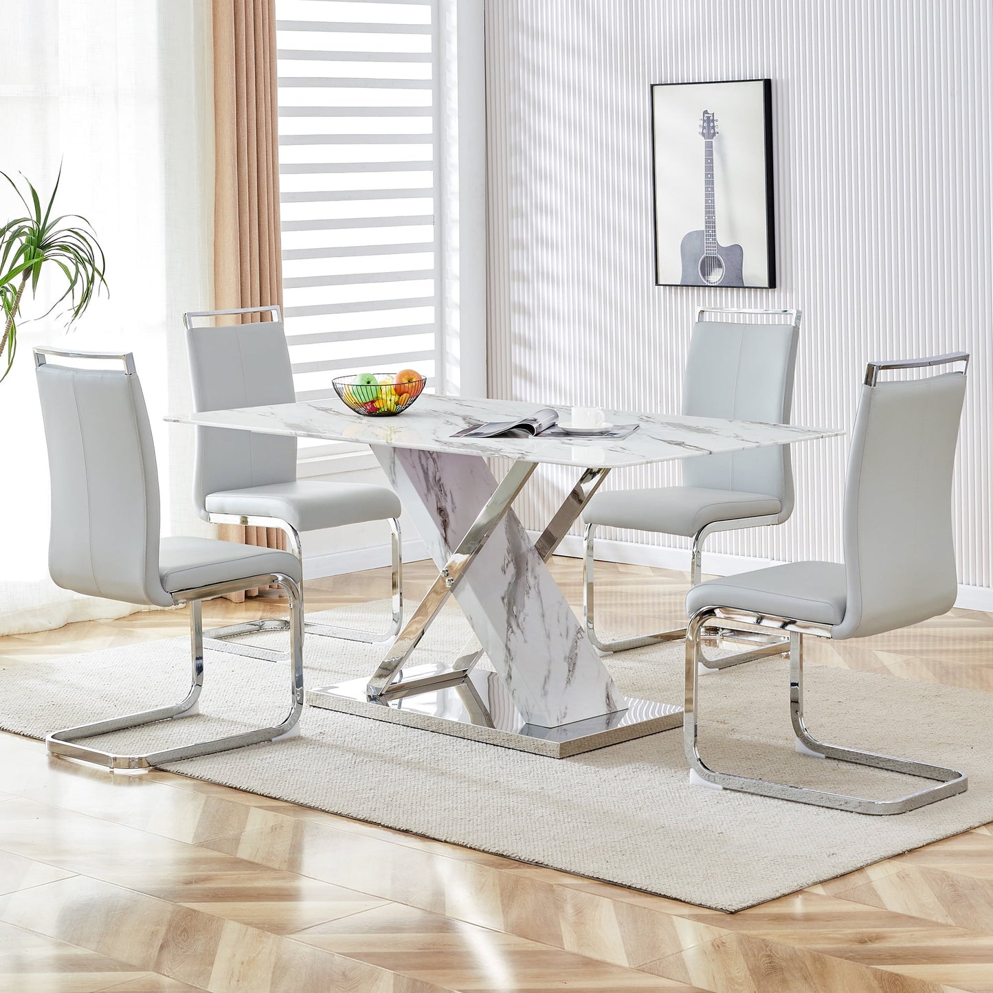 Sudica Dining Set, 63" Marble Dining Table Set with 4 Faux Leather Dining Chairs for Dining Room,Light Gray