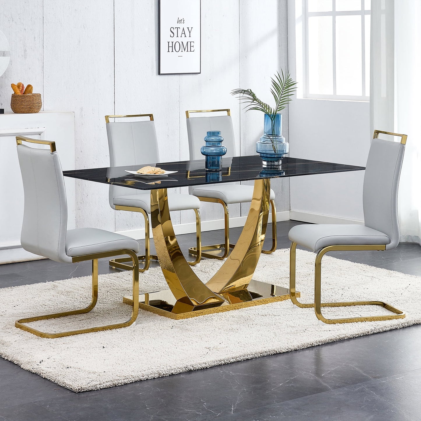 5-Piece Dining Table Set, Sudica Rectangular Faux Marble Kitchen Table with 4 Leather Gold Legs Dining Chairs, Light Gray