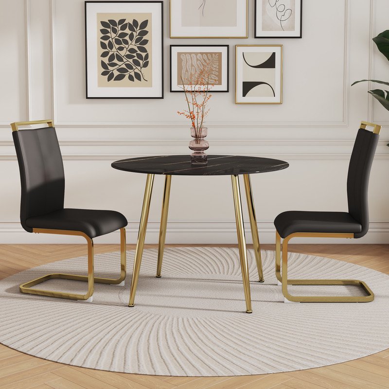 Black Marble Round Table Set for 2, 40 inch Black Dining Table with Gold Legs and Padded Dining Chairs for Meeting Room, Kitchen, Black