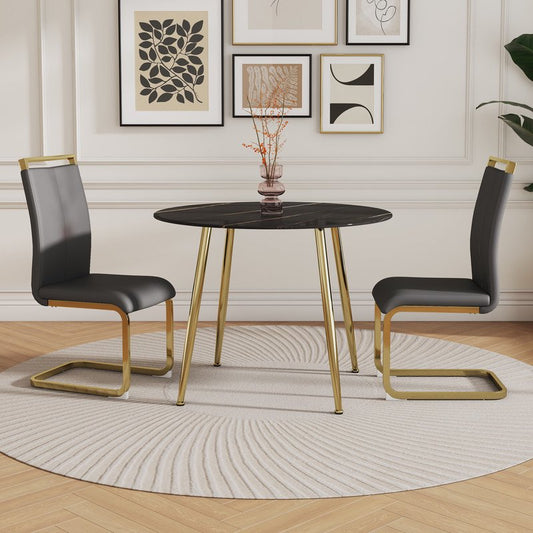 Black Marble Round Table Set for 2, 40 inch Black Dining Table with Gold Legs and Padded Dining Chairs for Meeting Room, Kitchen, Grey