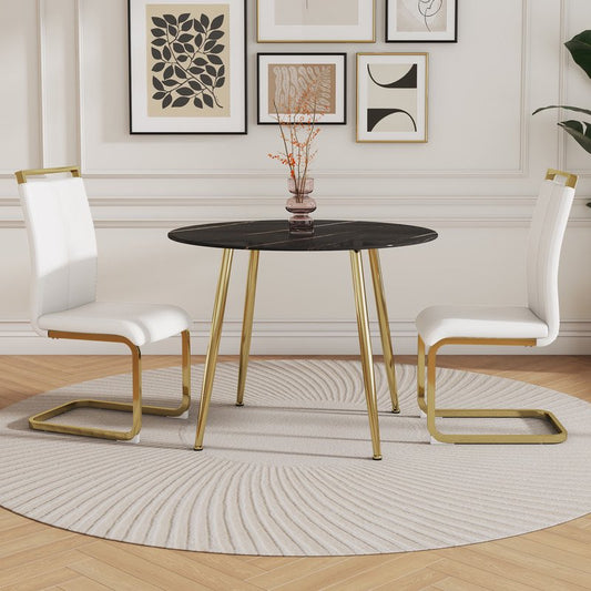 Black Marble Round Table Set for 2, 40 inch Black Dining Table with Gold Legs and Padded Dining Chairs for Meeting Room, Kitchen, White