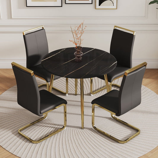 Black Marble Round Table Set for 4, 40 inch Black Dining Table with Gold Legs and Padded Dining Chairs for Meeting Room, Kitchen, Black