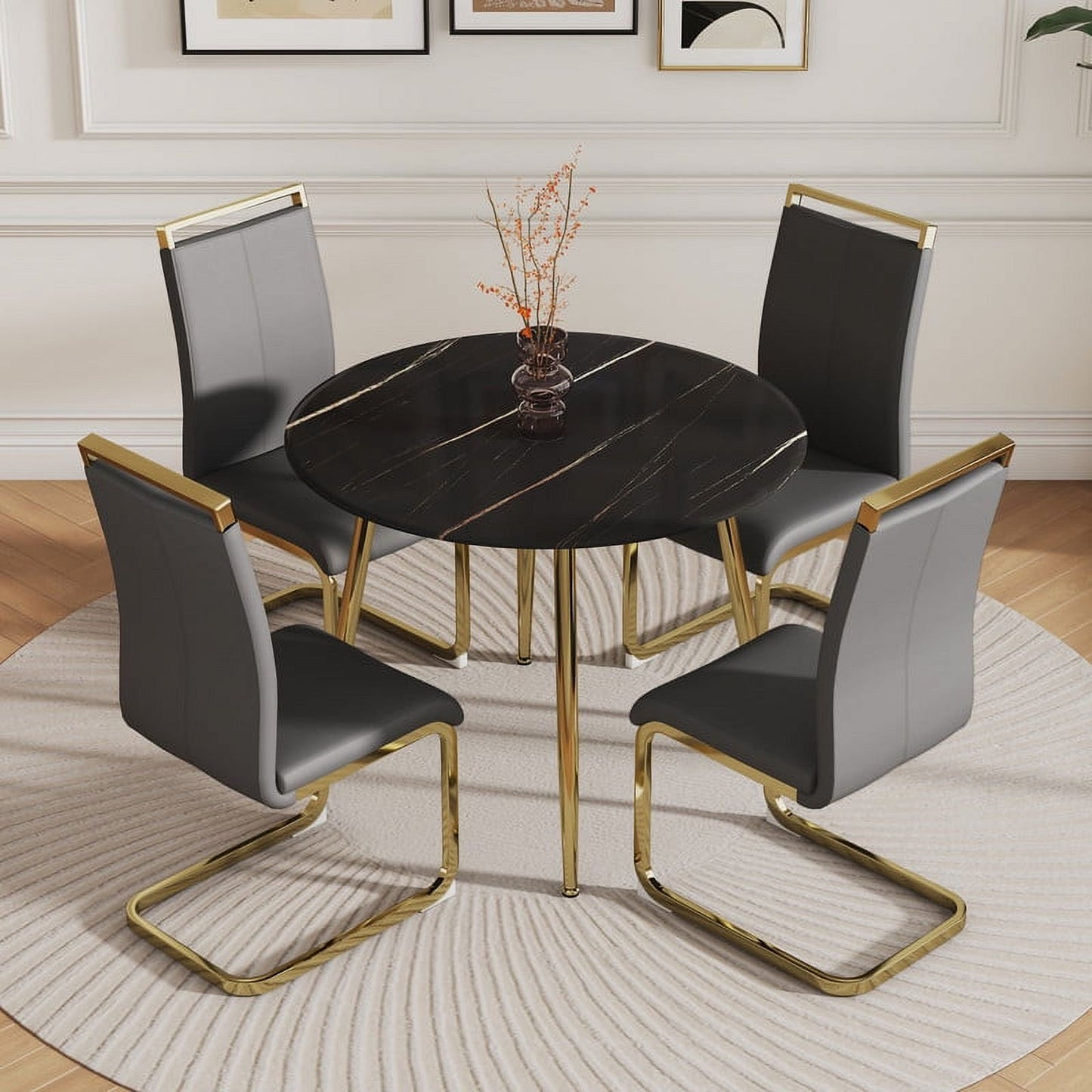 Black Marble Round Table Set for 4, 40 inch Black Dining Table with Gold Legs and Padded Dining Chairs for Meeting Room, Kitchen, Grey