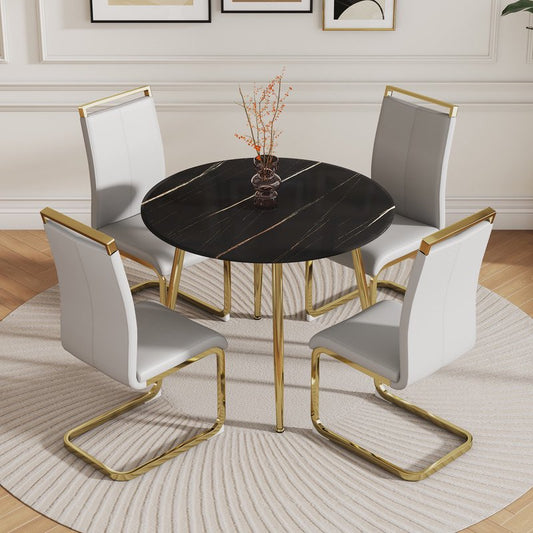 Black Marble Round Table Set for 4, 40 inch Black Dining Table with Gold Legs and Padded Dining Chairs for Meeting Room, Kitchen, Light Grey