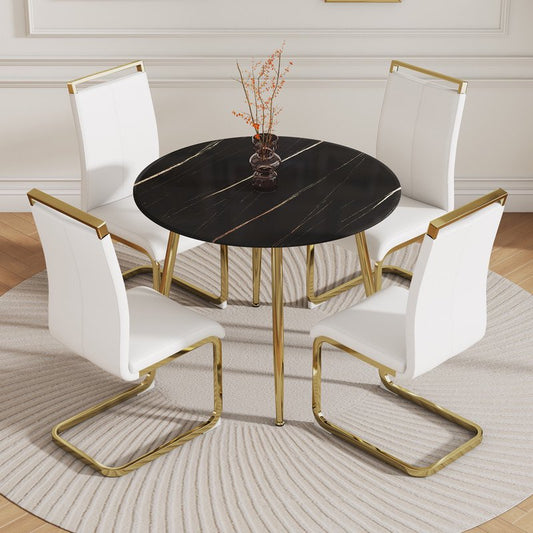 Black Marble Round Table Set for 4, 40 inch Black Dining Table with Gold Legs and Padded Dining Chairs for Meeting Room, Kitchen, White