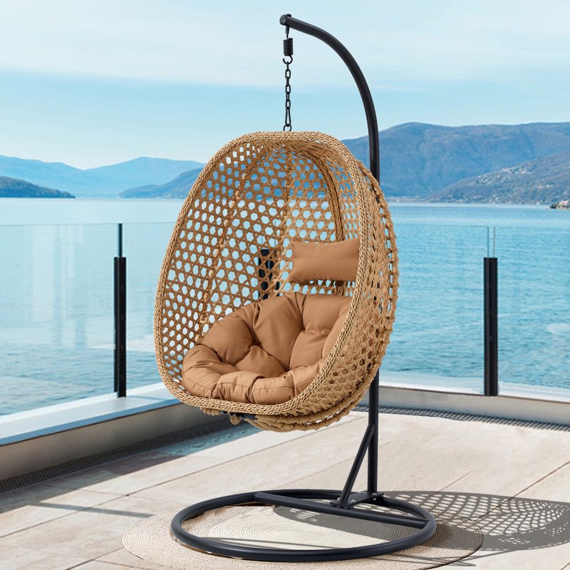 Hanging Egg Chair with Stand,Sudica Patio Soft Cushion Rattan Wicker Egg Swing Chair with Pillow for Bedroom,Balcony Backyard,Garden 350lbs Capacity,Light Browm