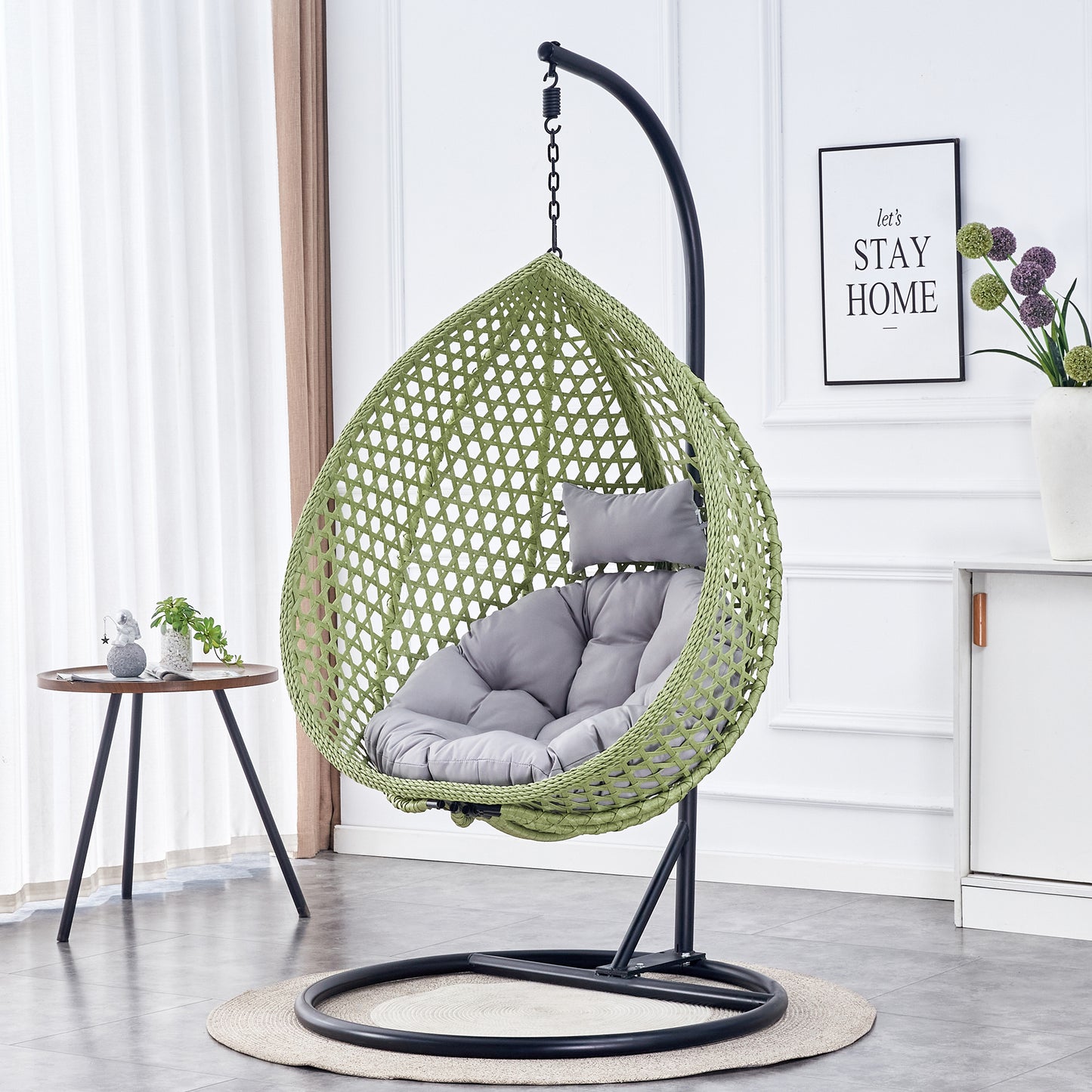 Hanging Egg Chair with Stand,Sudica Patio Soft Cushion Rattan Wicker Egg Swing Chair for BedroomGarden 350lbs Capacity,Green