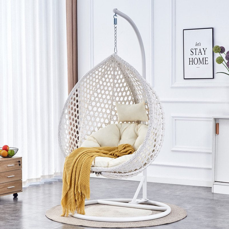 Hanging Egg Chair with Stand,Sudica Patio Soft Cushion Rattan Wicker Egg Swing Chair for BedroomGarden 350lbs Capacity,White