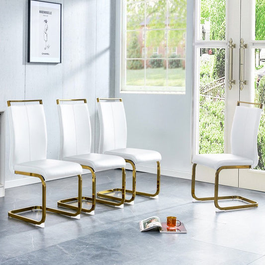 Modern Dining Chairs Set of 4 Sudica Faux Leather Dining Room Chairs with Golden Legs High Back Chair,White