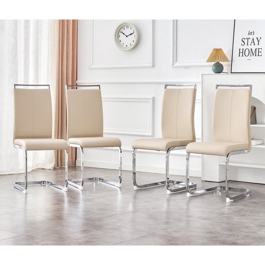 Modern Kitchen Dining Chair Set of 4 Upholstered PU Leather Dining Room Chairs with Metal Legs for Home, Beige