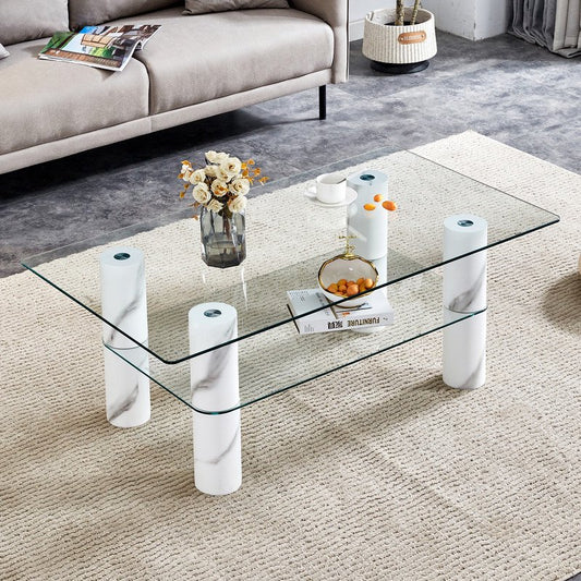 Modern Minimalist Double Layered Transparent Tempered Glass Coffee Table,47 inch Sudica Rectangular Tea Table with White Legs