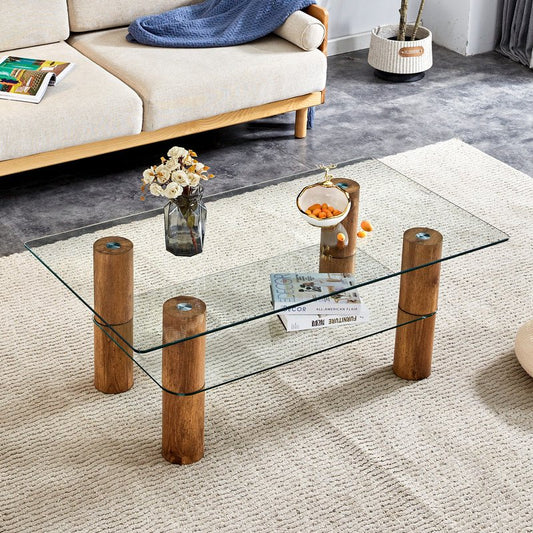 Modern Minimalist Double Layered Transparent Tempered Glass Coffee Table,47 inch Sudica Rectangular Tea Table with wooden Legs