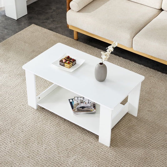 Sudica 35.4 inch Coffee Table with Storage Shelf Rectangular Rustic Wood Cocktail Table for Living Room,White