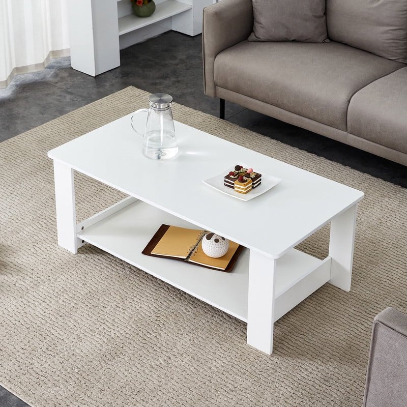 Sudica 43.3 inch Coffee Table with Storage Shelf Rectangular Rustic Wood Cocktail Table for Living Room,White