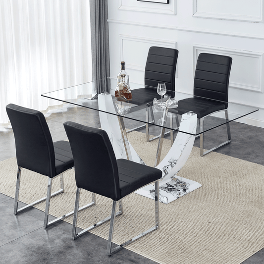 Sudica 5 Pieces Dining Set, 71 inch Large Glass Dining Table with Marble U Shape Base, Black PU Leather Kitchen Chairs