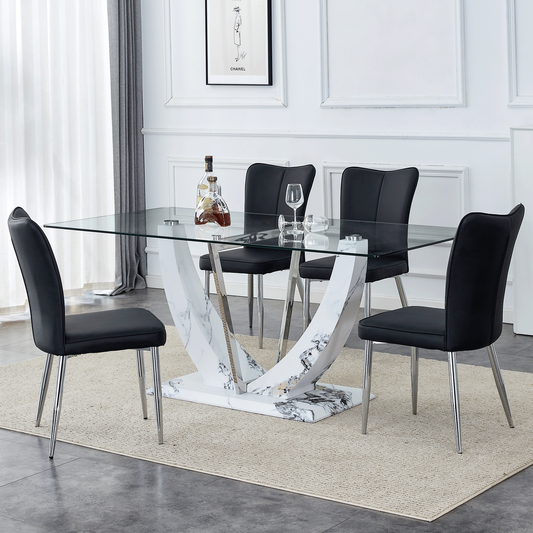 Sudica 71"Glass Dining Table with Chairs for 4, Rectangular Glass Table with Upholstered Dining Room Chairs, Black