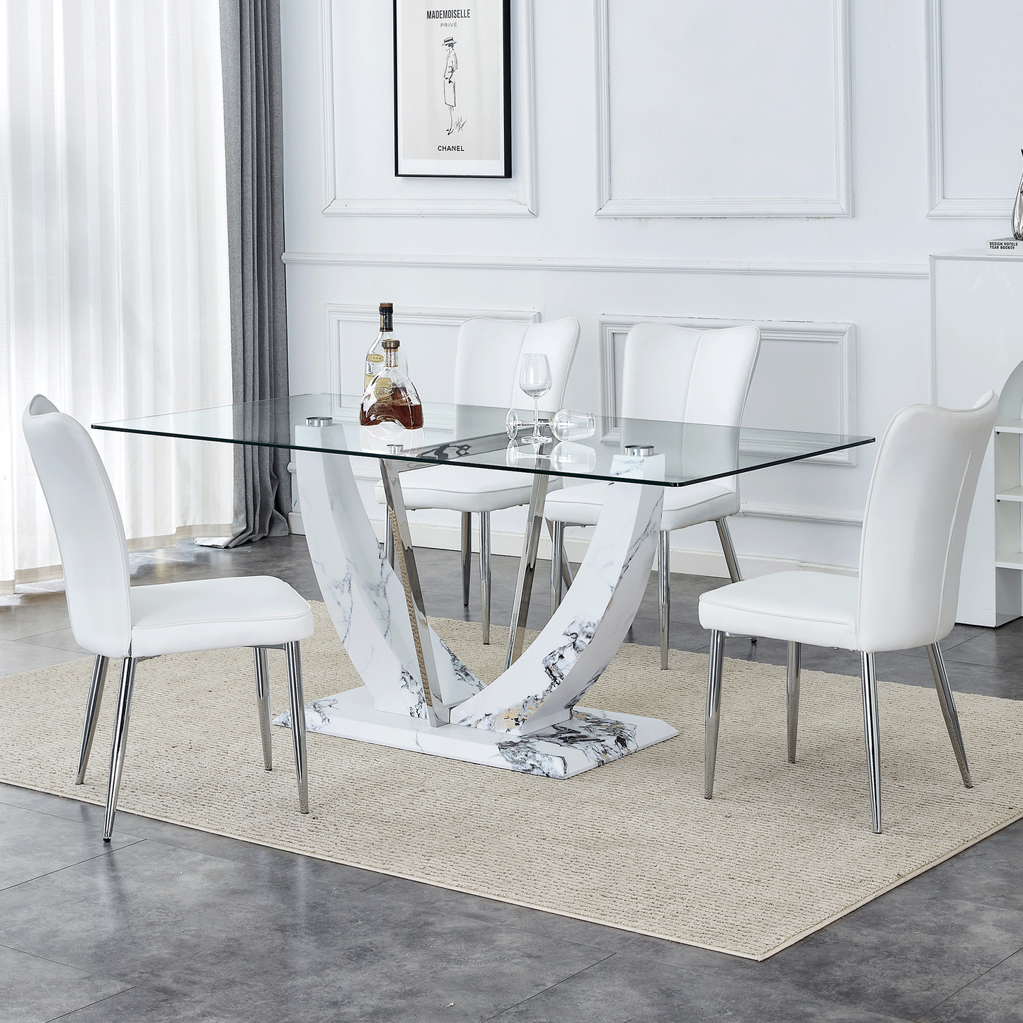 Sudica 71"Glass Dining Table with Chairs for 4, Rectangular Glass Table with Upholstered Dining Room Chairs, White