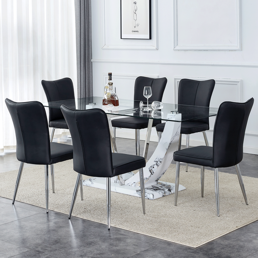 Sudica 71"Glass Dining Table with Chairs for 6, Rectangular Glass Table with Upholstered Dining Room Chairs, Black