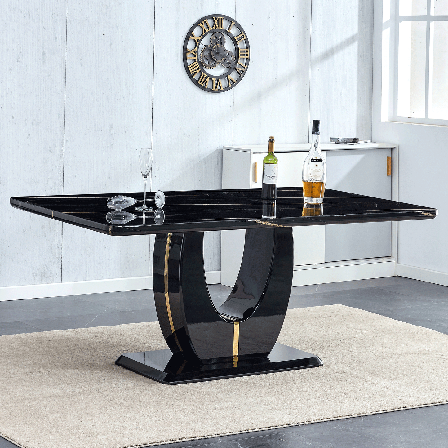 Sudica Black Marble Dining Table, 71 inch Modern Large Rectangular Kitchen Table with U Shape Base for Dining Room