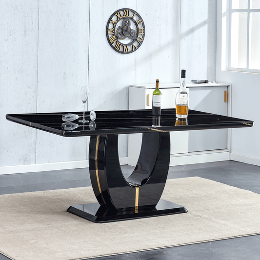 Sudica Black Marble Dining Table, 71 inch Modern Large Rectangular Kitchen Table with U Shape Base for Dining Room