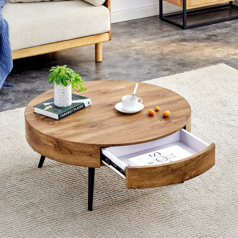 Sudica Coffee Table with added drawers, 31.5"Wooden Round Modern Coffe Table with Black Legs for Living Room,tea room.