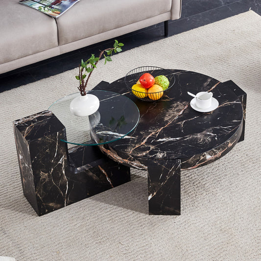 Sudica Detachable Double-decker Coffee Table，30 inch Round Tea Table with Black Faux Marble Base,Center Table for Living Room