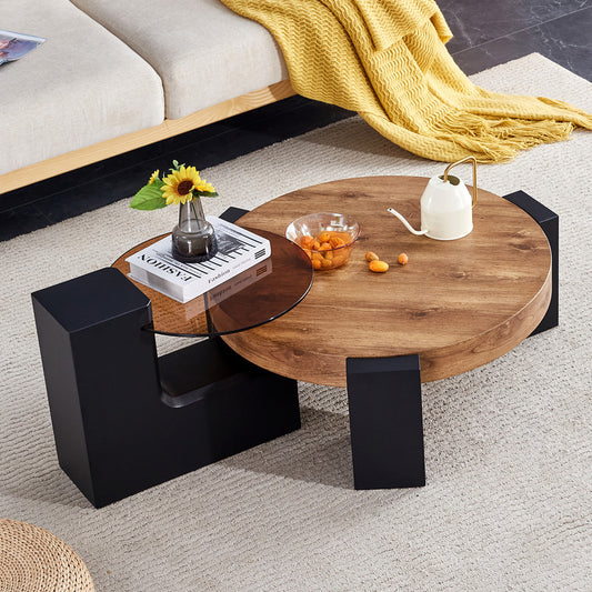 Sudica Detachable Double-decker Coffee Table，30 inch Round Tea Table with Black Faux Marble Tabletop,Center Table for Living Room