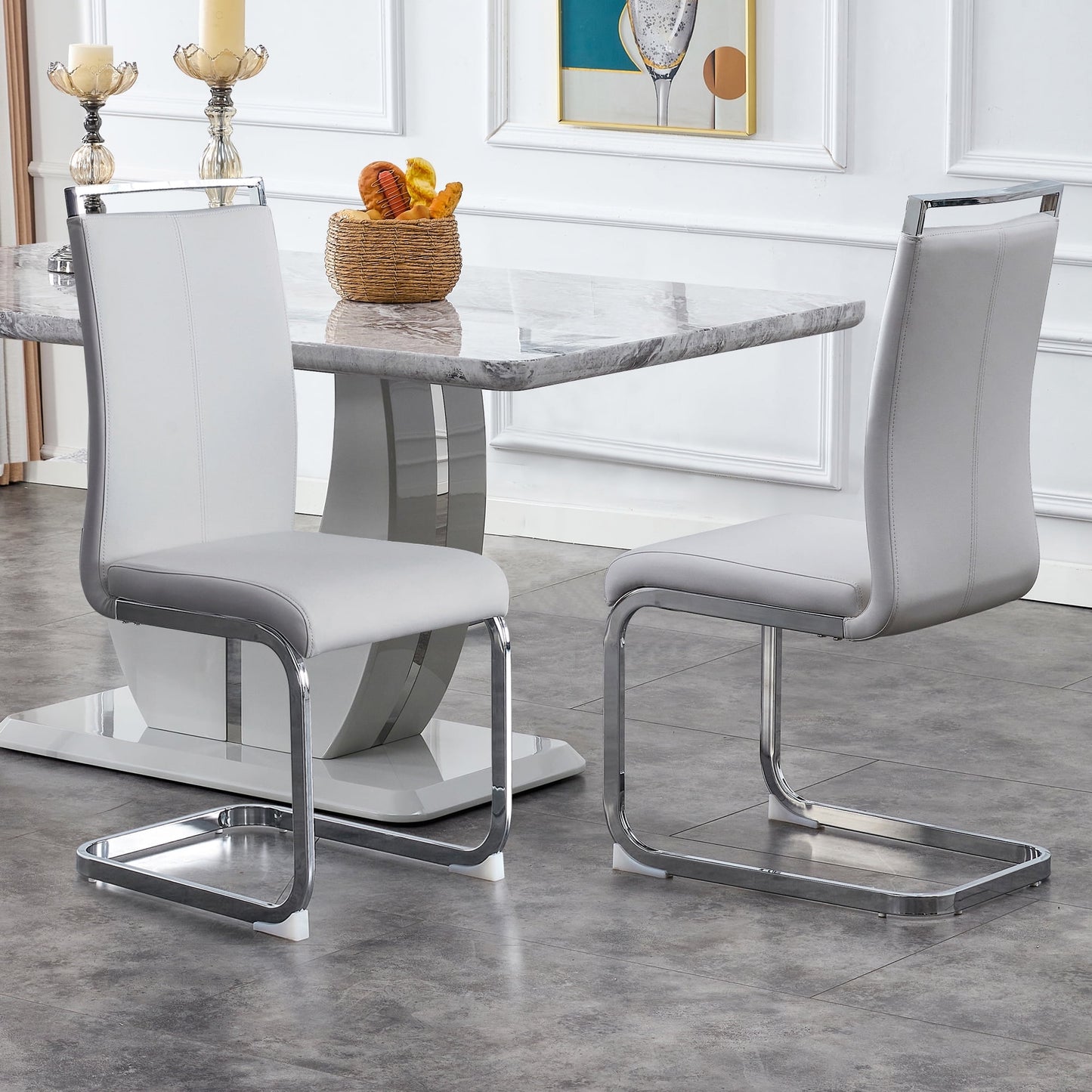 Sudica Dining Chairs Set of 2 Upholstered PU Leather Modern Kitchen Chairs with Chomon Legs, Light Gray