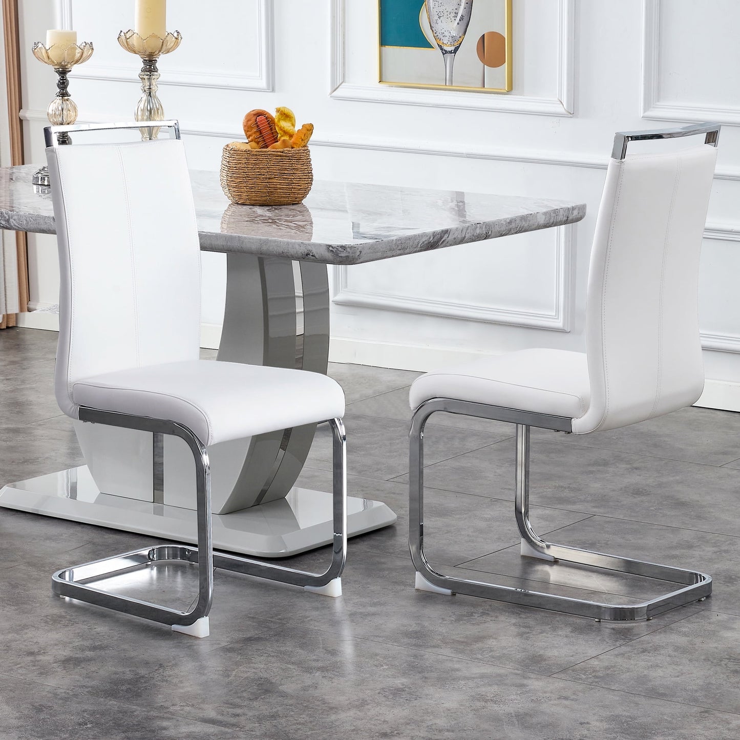 Sudica Dining Chairs Set of 2 Upholstered PU Leather Modern Kitchen Chairs with Chomon Legs, White