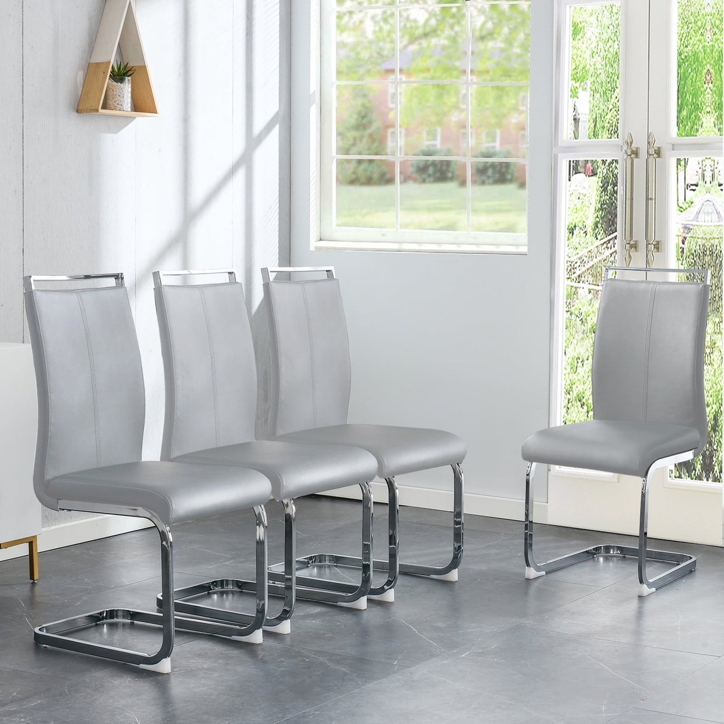 Sudica Dining Chairs Set of 4 Upholstered PU Leather Modern Kitchen Chairs with Chomon Legs, Light Gray