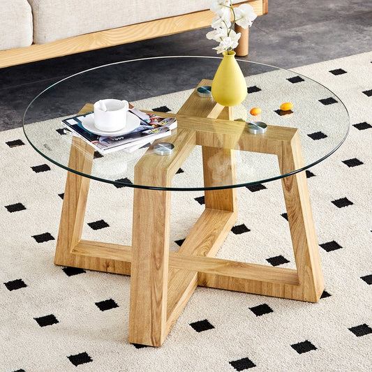 Sudica Glass Coffee Table,31 inch Modern Round Center Table with Wooden Legs for Living Room