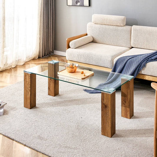 Sudica Glass Coffee Table,45 inch Modern Rectangular Center Table with Thick Wood Legs for Living Room