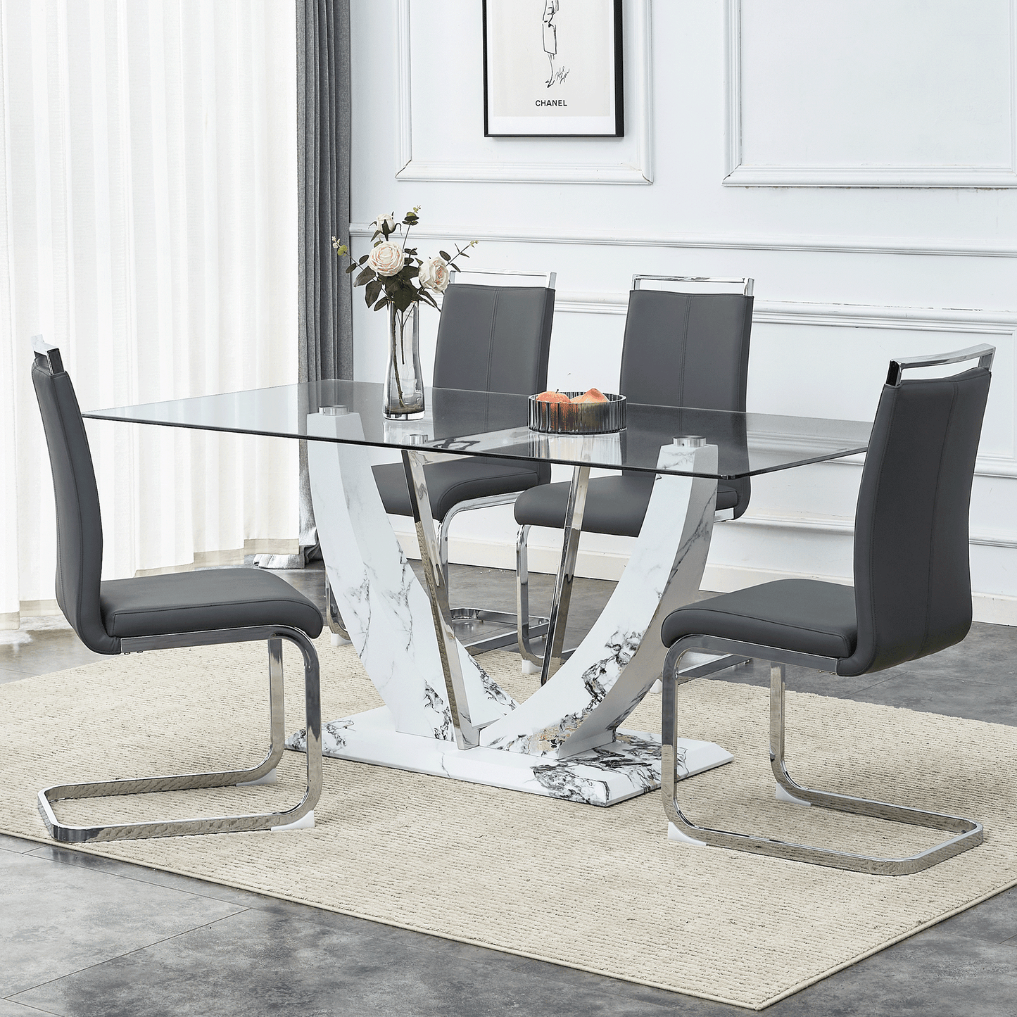 Sudica Glass Dining Set for 4, 71 inch Rectangular Glass Table with Upholstered Dining Room Chairs,Dark Gray