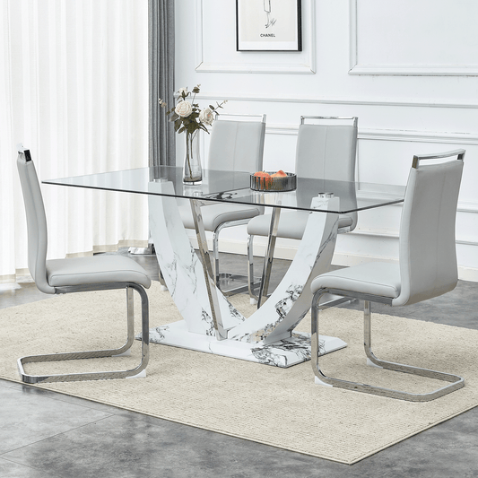 Sudica Glass Dining Set for 4, 71 inch Rectangular Glass Table with Upholstered Dining Room Chairs,Light Gray