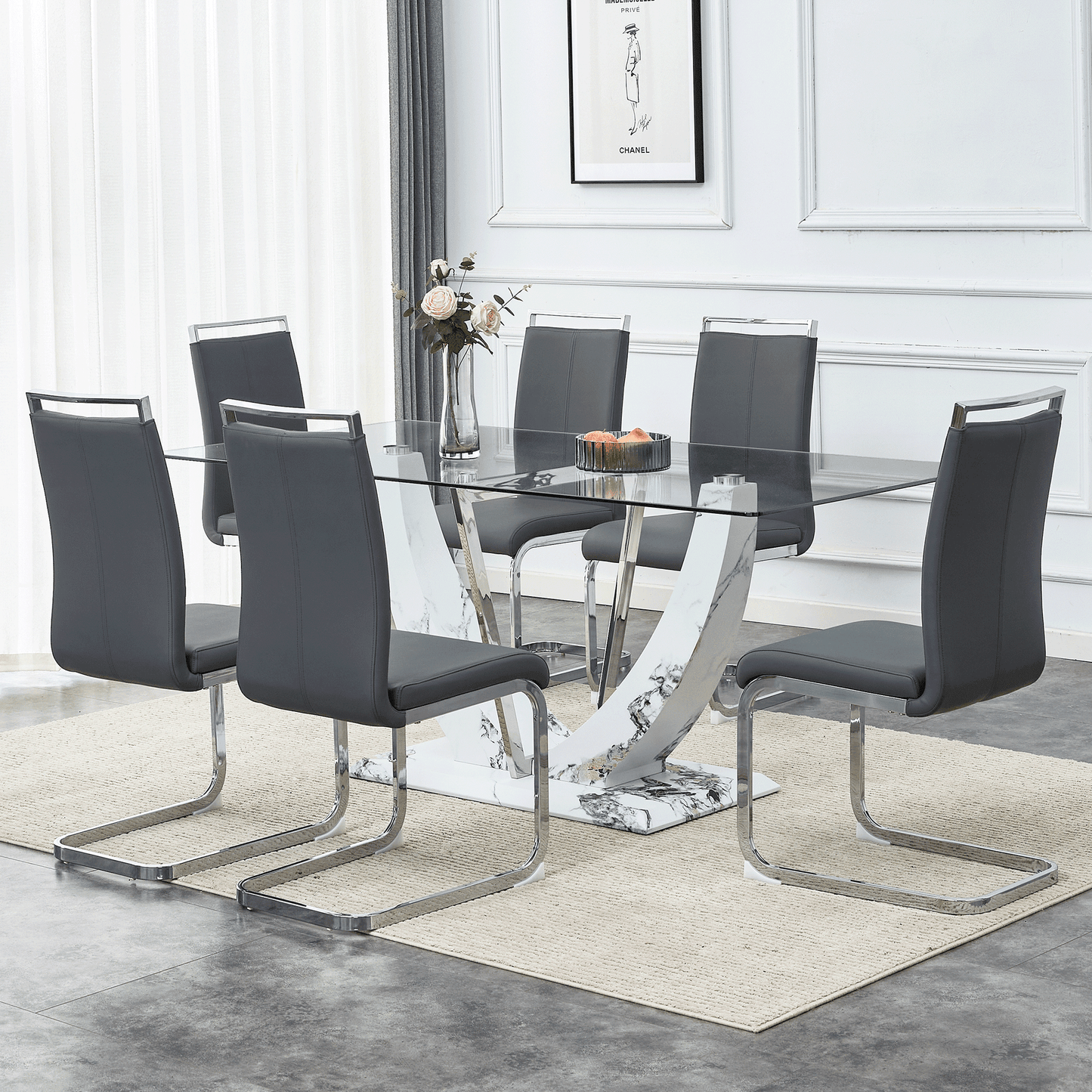 Sudica Glass Dining Set for 6, 71 inch Rectangular Glass Table with Upholstered Dining Room Chairs,Dark Gray