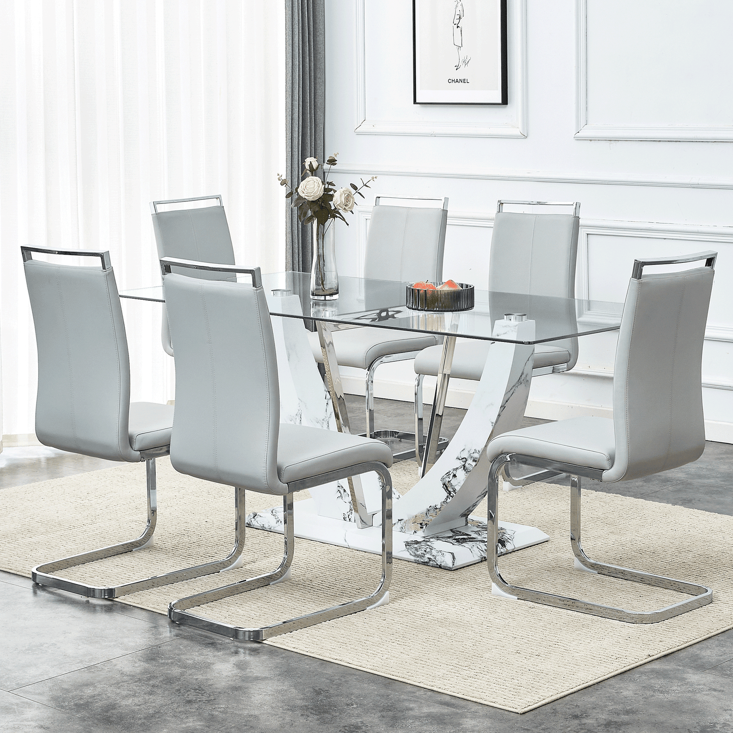 Sudica Glass Dining Set for 6, 71 inch Rectangular Glass Table with Upholstered Dining Room Chairs,Light Gray