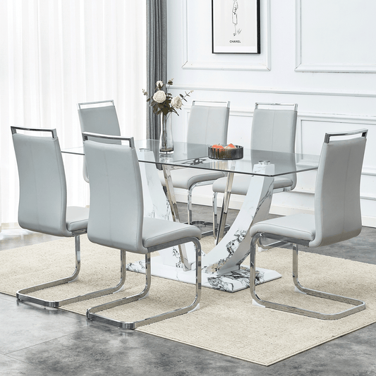 Sudica Glass Dining Set for 6, 71 inch Rectangular Glass Table with Upholstered Dining Room Chairs,Light Gray