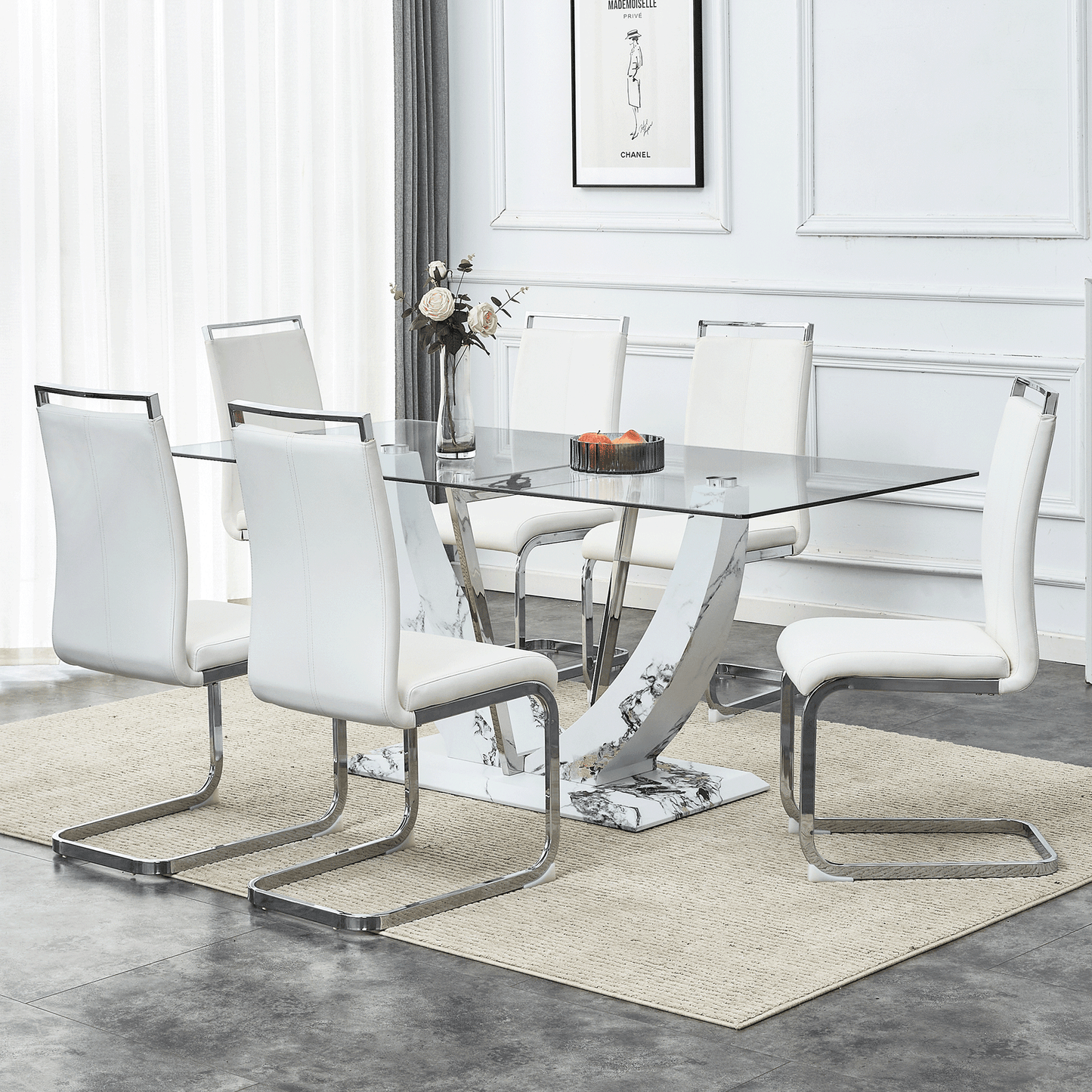 Sudica Glass Dining Set for 6, 71 inch Rectangular Glass Table with Upholstered Dining Room Chairs,White