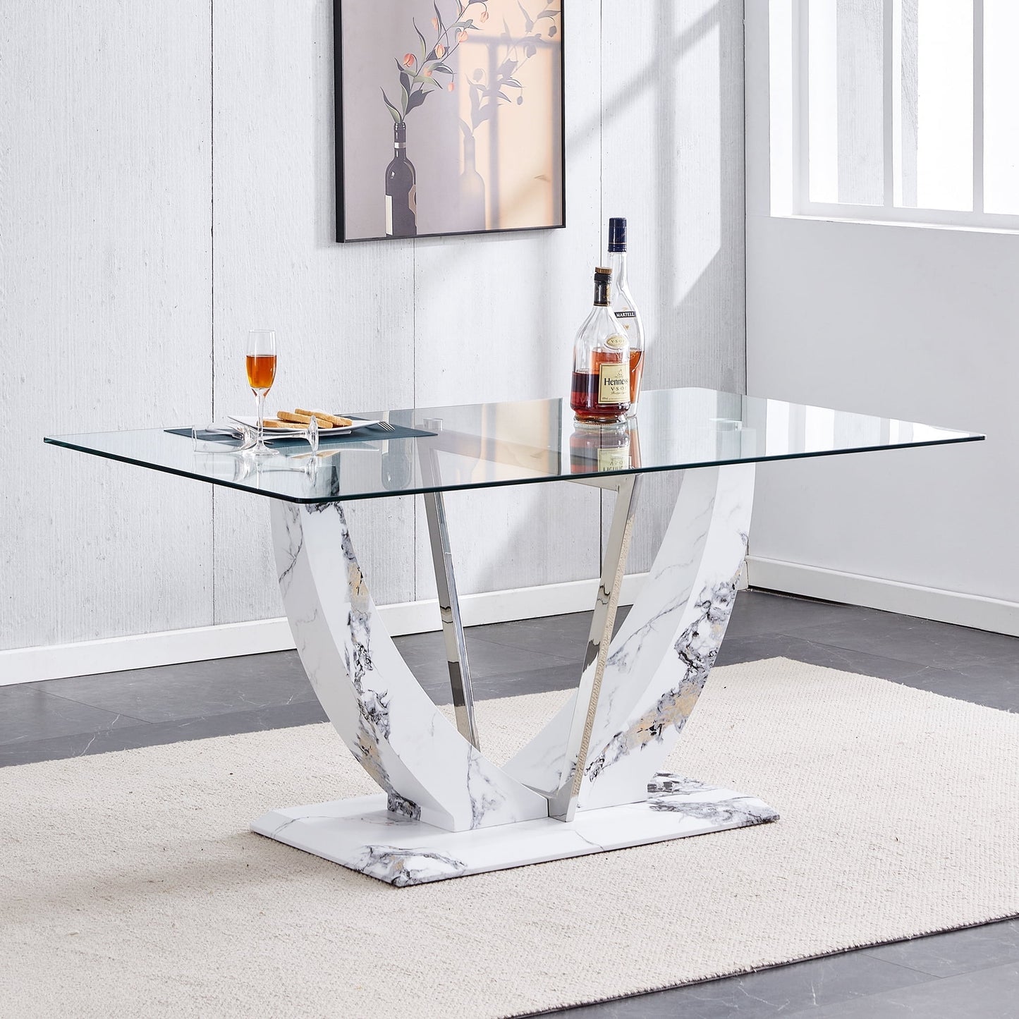 Sudica Glass Dining Table 71 inch Modern Kitchen Dining Room Table with White Marble U-Shape Base