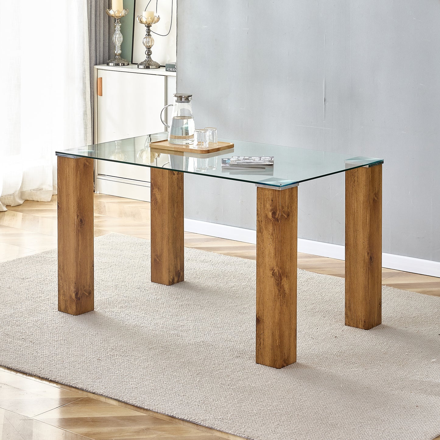 Sudica Glass Dining Table for 4, 51 inch Modern Rectangular Tempered Glass Kitchen Table with 4 Wood Legs